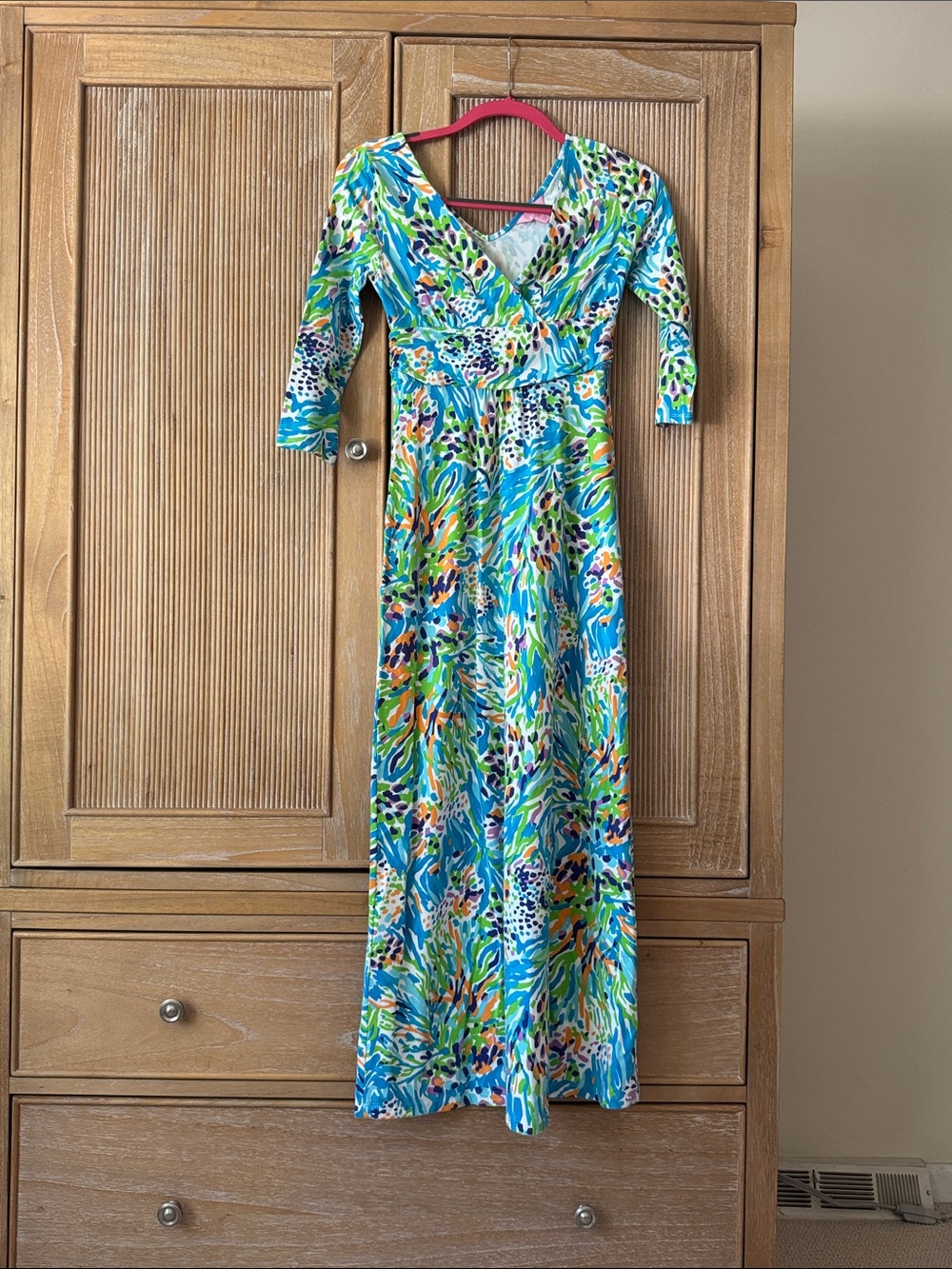 Lilly Pulitzer Blue, Green & Orange Abstract Floral Wrap Maxi Dress